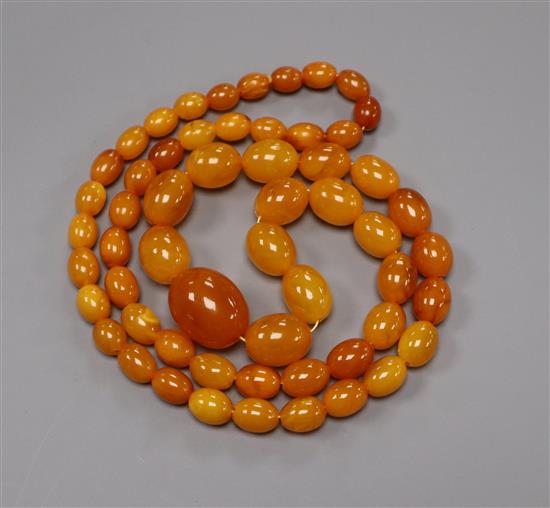 A single strand graduated oval amber bead necklace, gross 46 grams, 70cm.